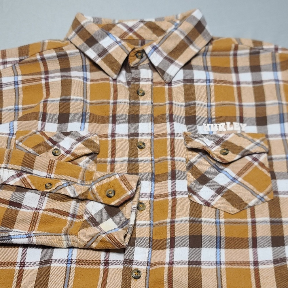Hurley Flannel Shirt Mens Large Mustard Yellow Brown Plaid Button Up HFA23VMT